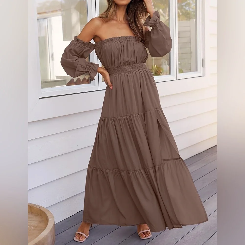 Nwt brown Off-Shoulder Maxi Dress cottage core‎ whimsical - Picture 4 of 15